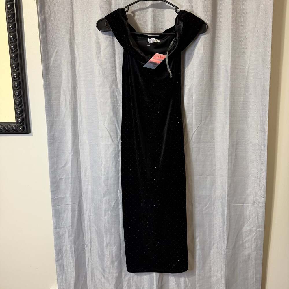 Haley & June Black Velvet Off-The-Shoulder Glitter Midi Dress